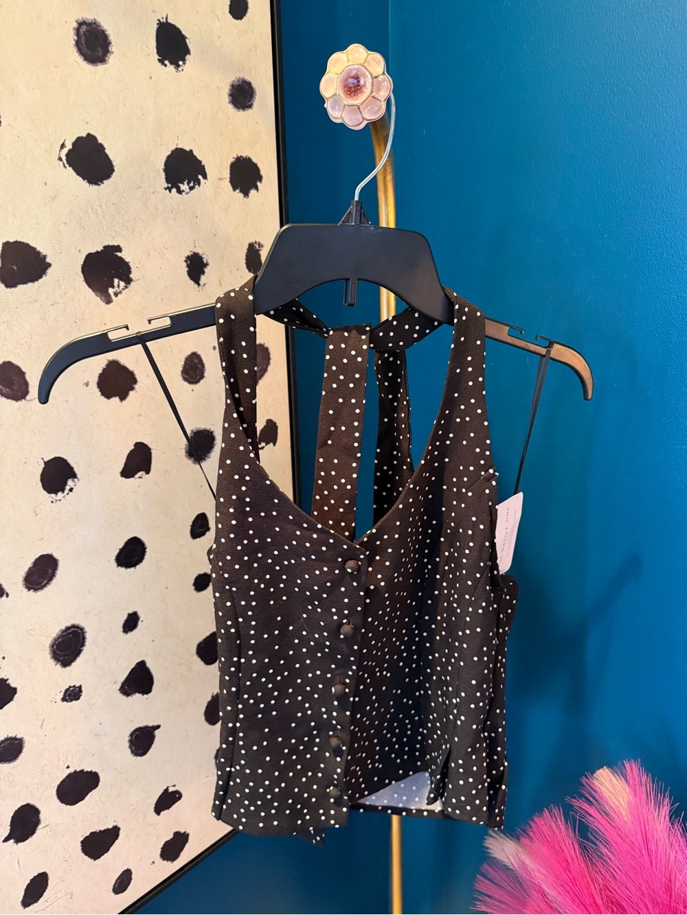 Black Polka Dot Button-Front Halter Cami
